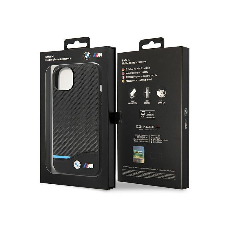 BMW Leather Carbon dėklas iPhone 14 Plus - juodas