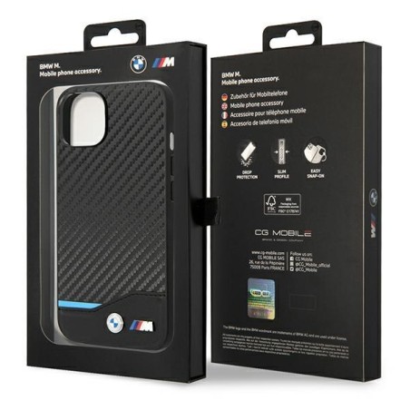 BMW Leather Carbon dėklas iPhone 14 Plus - juodas BMW Leather Carbon dėklas iPhone 14 Plus - juodas