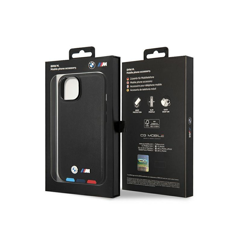 BMW Leather Stamp Tricolor dėklas iPhone 14 Plus - juodas