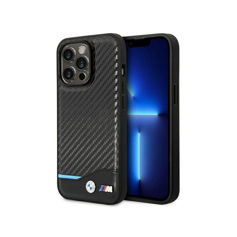 BMW Leather Carbon dėklas iPhone 14 Pro Max - juodas
