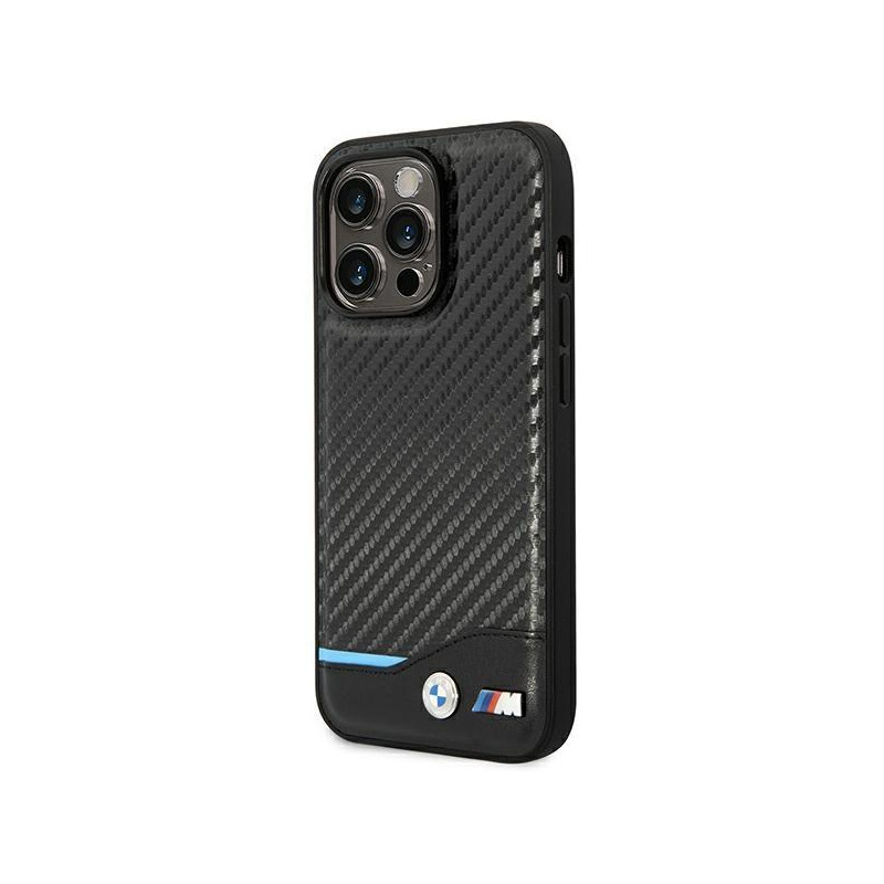 BMW Leather Carbon dėklas iPhone 14 Pro Max - juodas