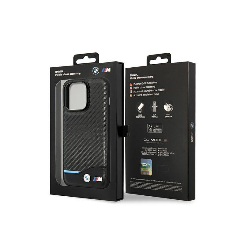 BMW Leather Carbon dėklas iPhone 14 Pro Max - juodas