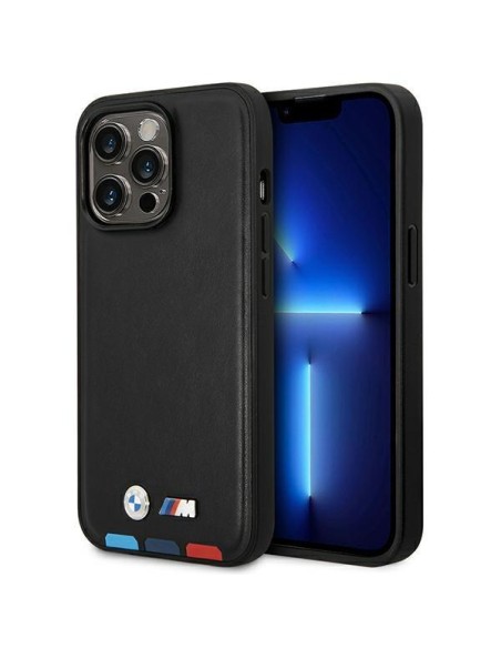 BMW Leather Stamp Tricolor dėklas iPhone 14 Pro Max - juodas BMW Leather Stamp Tricolor dėklas iPhone 14 Pro Max - juodas