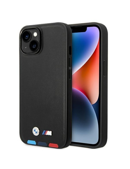 BMW Leather Stamp Tricolor MagSafe dėklas iPhone 14 Plus - juodas BMW Leather Stamp Tricolor MagSafe dėklas iPhone 14 Plus - juodas