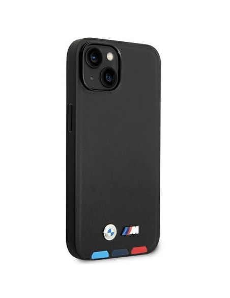 BMW Leather Stamp Tricolor MagSafe dėklas iPhone 14 Plus - juodas BMW Leather Stamp Tricolor MagSafe dėklas iPhone 14 Plus - juodas