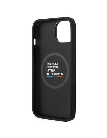 BMW Leather Stamp Tricolor MagSafe dėklas iPhone 14 Plus - juodas BMW Leather Stamp Tricolor MagSafe dėklas iPhone 14 Plus - juodas