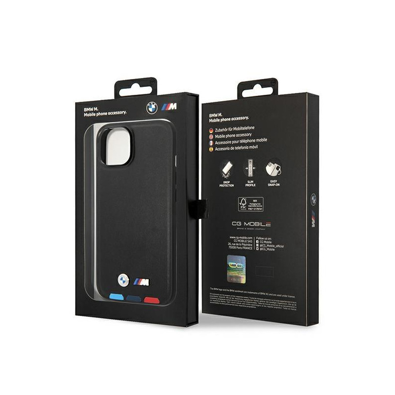 BMW Leather Stamp Tricolor MagSafe dėklas iPhone 14 Plus - juodas
