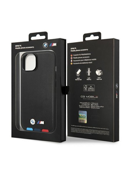 BMW Leather Stamp Tricolor MagSafe dėklas iPhone 14 Plus - juodas BMW Leather Stamp Tricolor MagSafe dėklas iPhone 14 Plus - juodas