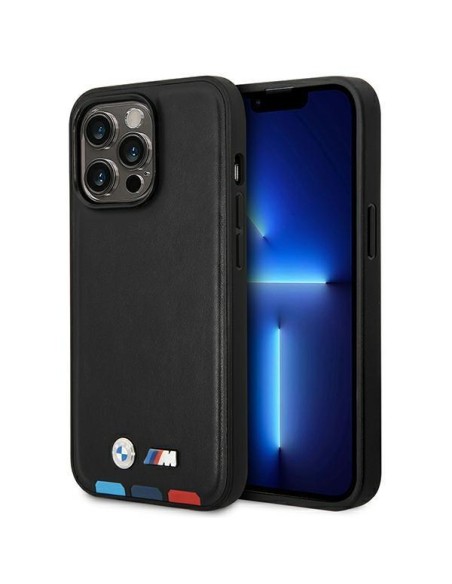 BMW Leather Stamp Tricolor MagSafe dėklas iPhone 14 Pro Max - juodas BMW Leather Stamp Tricolor MagSafe dėklas iPhone 14 Pro Max - juodas