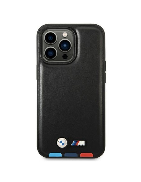 BMW Leather Stamp Tricolor MagSafe dėklas iPhone 14 Pro Max - juodas BMW Leather Stamp Tricolor MagSafe dėklas iPhone 14 Pro Max - juodas