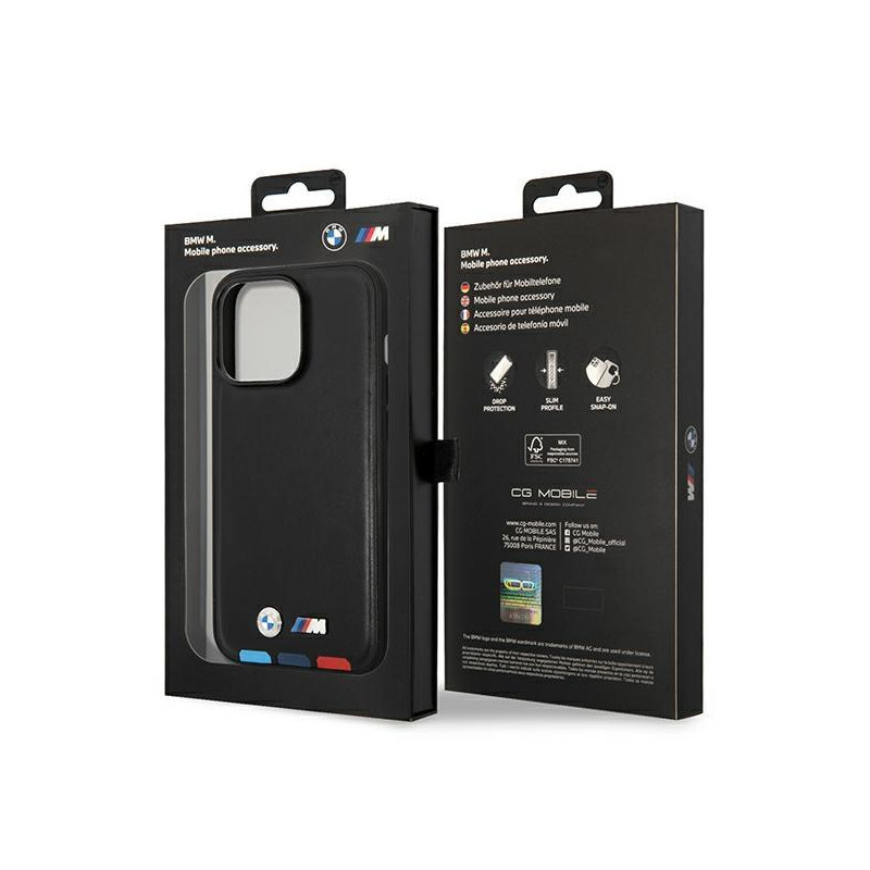 BMW Leather Stamp Tricolor MagSafe dėklas iPhone 14 Pro Max - juodas