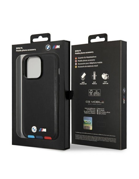 BMW Leather Stamp Tricolor MagSafe dėklas iPhone 14 Pro Max - juodas BMW Leather Stamp Tricolor MagSafe dėklas iPhone 14 Pro Max - juodas