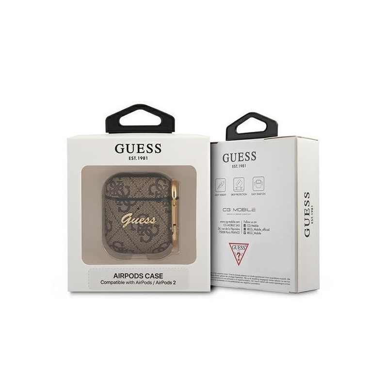 Guess 4G Script Metal Collection dėklas, skirtas AirPods 1/ 2 – rudas