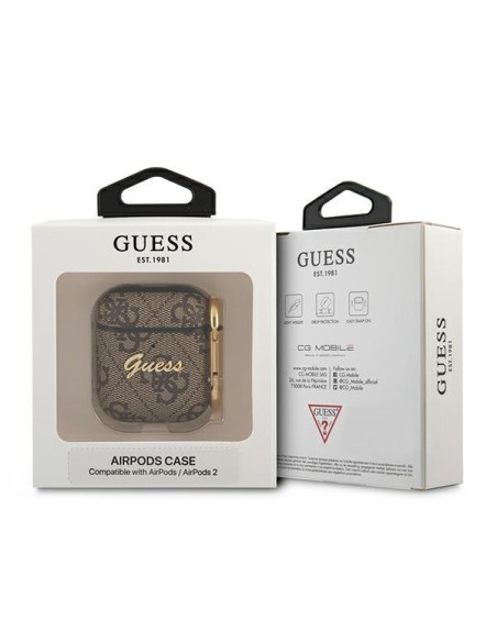 Guess 4G Script Metal Collection dėklas, skirtas AirPods 1/ 2 – rudas Guess 4G Script Metal Collection dėklas, skirtas AirPods 1/ 2 – rudas