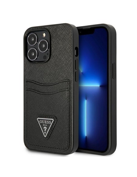 „Guess Saffiano Triangle“ logotipo kortelės lizdo dėklas, skirtas „iPhone 13 Pro“ / „iPhone 13“ – juodas „Guess Saffiano Triangle“ logotipo kortelės lizdo dėklas, skirtas „iPhone 13 Pro“ / „iPhone 13“ – juodas