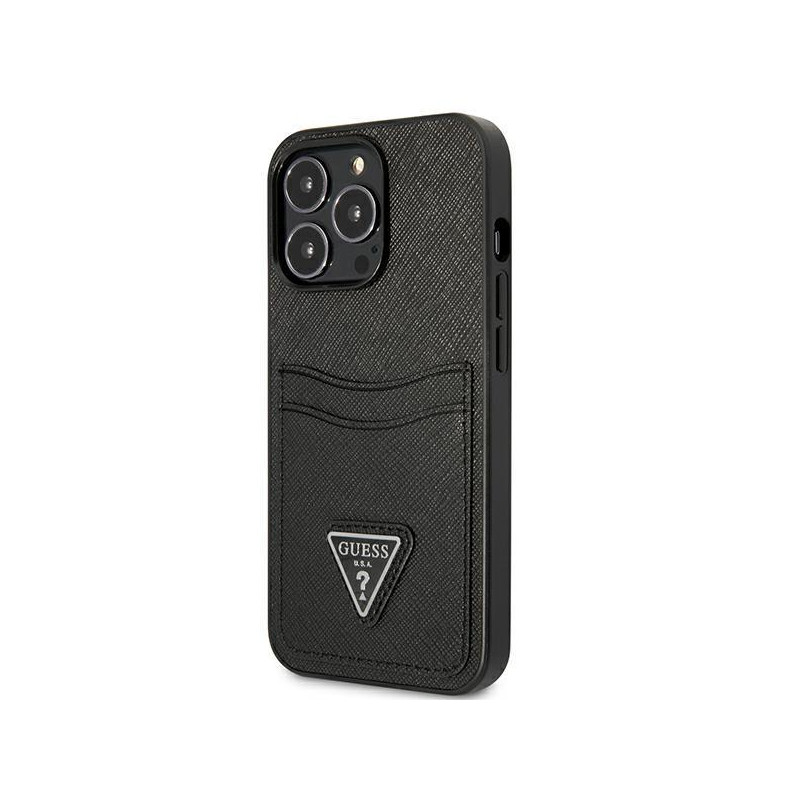 „Guess Saffiano Triangle“ logotipo kortelės lizdo dėklas, skirtas „iPhone 13 Pro“ / „iPhone 13“ – juodas