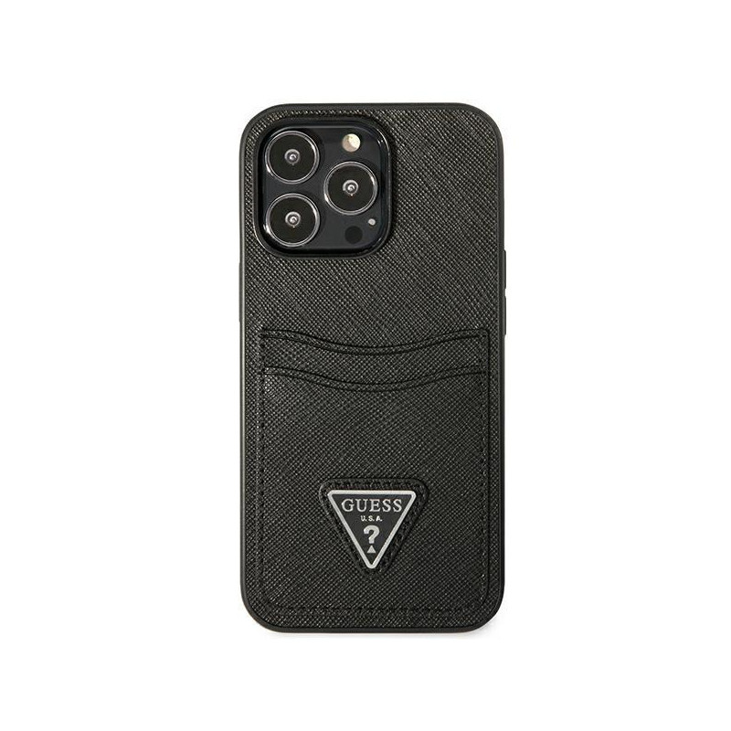 „Guess Saffiano Triangle“ logotipo kortelės lizdo dėklas, skirtas „iPhone 13 Pro“ / „iPhone 13“ – juodas