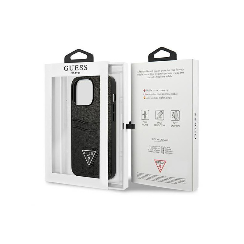 „Guess Saffiano Triangle“ logotipo kortelės lizdo dėklas, skirtas „iPhone 13 Pro“ / „iPhone 13“ – juodas