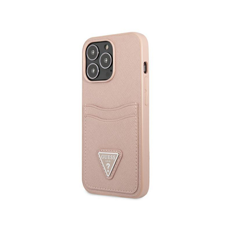 Guess Saffiano Triangle Logo Cardslot dėklas, skirtas iPhone 13 Pro / iPhone 13 - rožinė