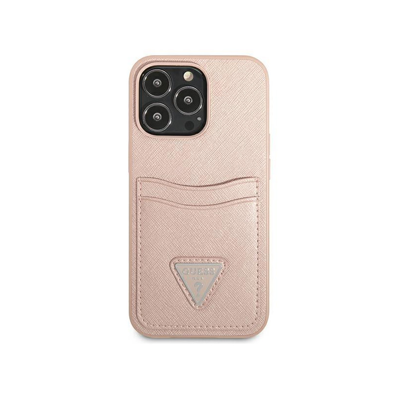 Guess Saffiano Triangle Logo Cardslot dėklas, skirtas iPhone 13 Pro / iPhone 13 - rožinė