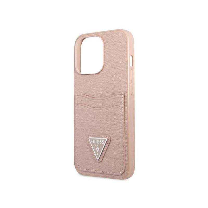 Guess Saffiano Triangle Logo Cardslot dėklas, skirtas iPhone 13 Pro / iPhone 13 - rožinė