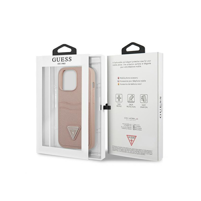 Guess Saffiano Triangle Logo Cardslot dėklas, skirtas iPhone 13 Pro / iPhone 13 - rožinė