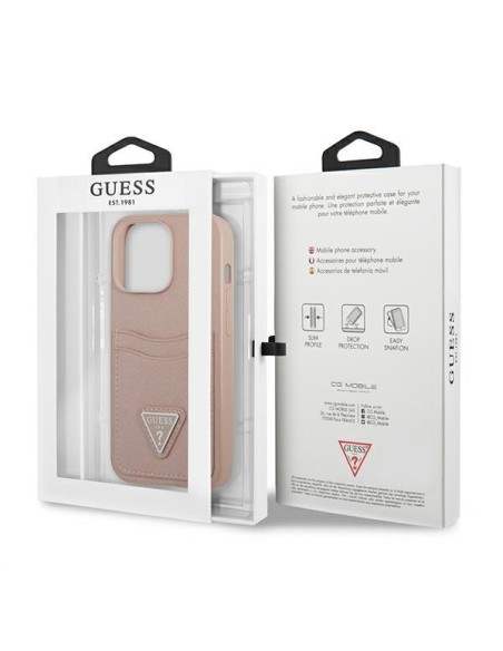 Guess Saffiano Triangle Logo Cardslot dėklas, skirtas iPhone 13 Pro / iPhone 13 - rožinė Guess Saffiano Triangle Logo Cardslot dėklas, skirtas iPhone 13 Pro / iPhone 13 - rožinė