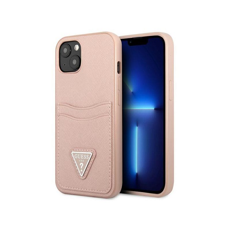 Guess Saffiano Triangle Logo Cardslot dėklas, skirtas iPhone 13 - rožinis