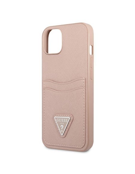 Guess Saffiano Triangle Logo Cardslot dėklas, skirtas iPhone 13 - rožinis