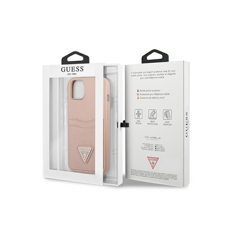 Guess Saffiano Triangle Logo Cardslot dėklas, skirtas iPhone 13 - rožinis
