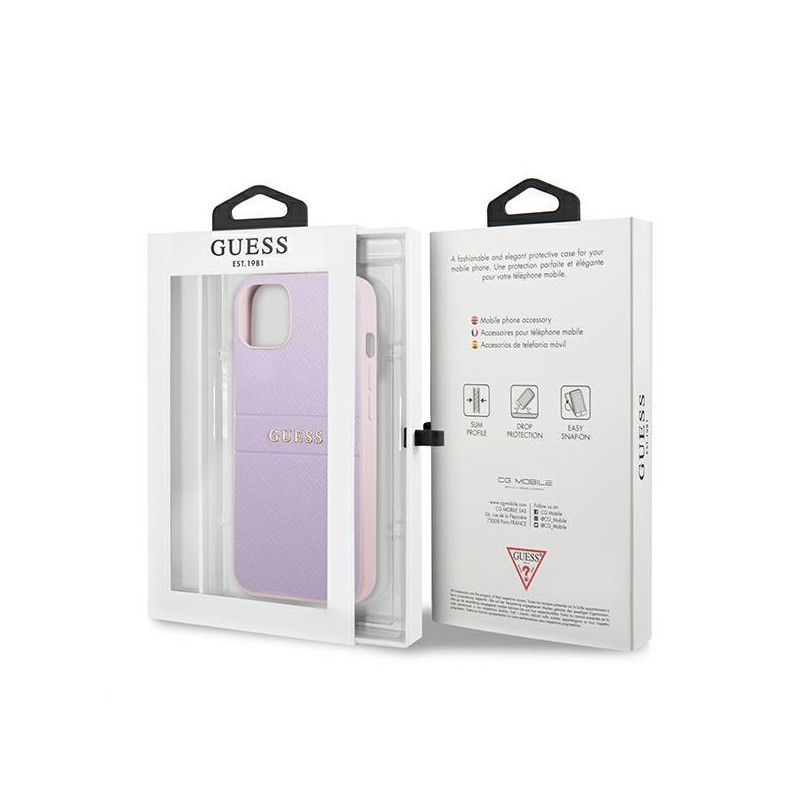 Guess Saffiano Hot Stamp & Metal Logo dėklas, skirtas iPhone 13 mini - violetinė