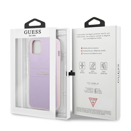 Guess Saffiano Hot Stamp & Metal Logo dėklas, skirtas iPhone 13 mini - violetinė Guess Saffiano Hot Stamp & Metal Logo dėklas, skirtas iPhone 13 mini - violetinė