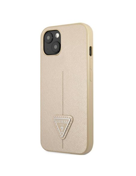 Guess Saffiano Triangle Logo dėklas iPhone 13 mini - smėlio spalvos Guess Saffiano Triangle Logo dėklas iPhone 13 mini - smėlio spalvos