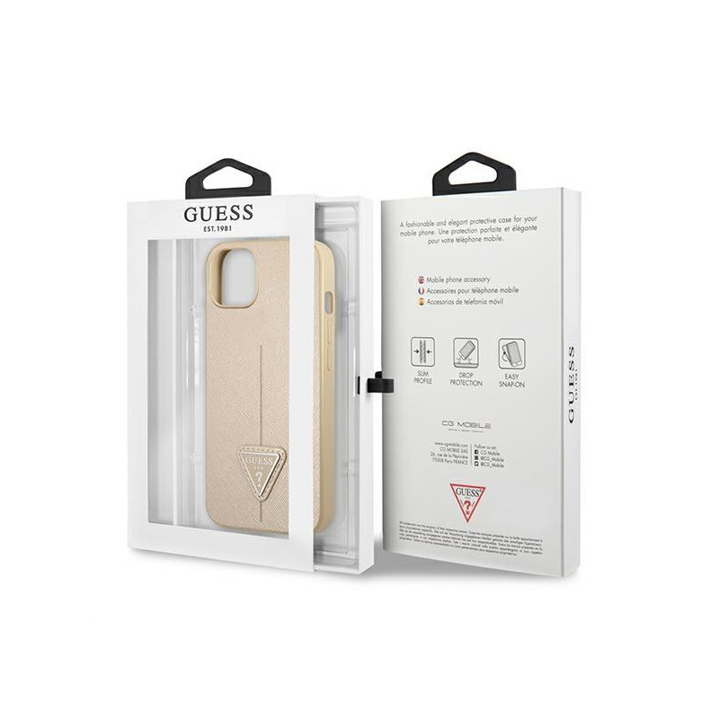 Guess Saffiano Triangle Logo dėklas iPhone 13 mini - smėlio spalvos