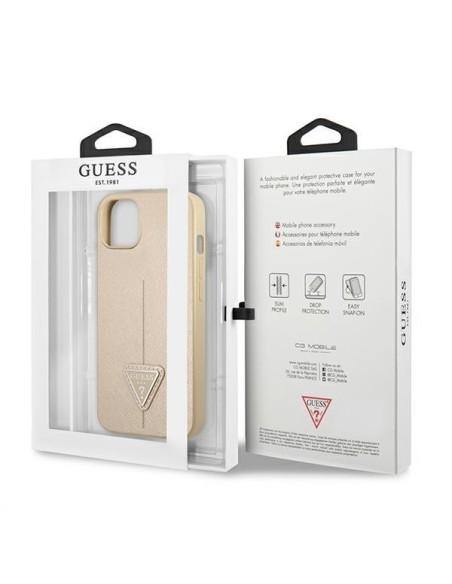 Guess Saffiano Triangle Logo dėklas iPhone 13 mini - smėlio spalvos Guess Saffiano Triangle Logo dėklas iPhone 13 mini - smėlio spalvos