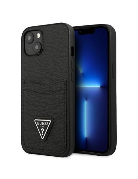 Guess Saffiano Triangle Logo Cardslot dėklas iPhone 13 mini - juodas Guess Saffiano Triangle Logo Cardslot dėklas iPhone 13 mini - juodas