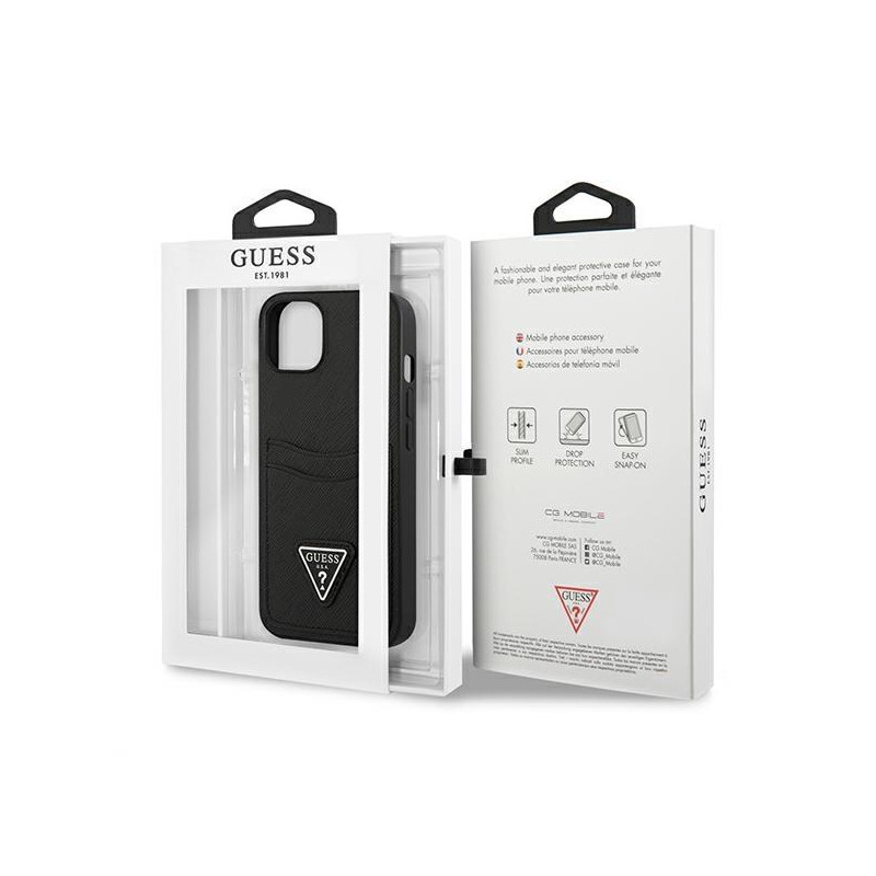 Guess Saffiano Triangle Logo Cardslot dėklas iPhone 13 mini - juodas