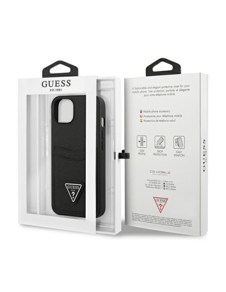 Guess Saffiano Triangle Logo Cardslot dėklas iPhone 13 mini - juodas Guess Saffiano Triangle Logo Cardslot dėklas iPhone 13 mini - juodas