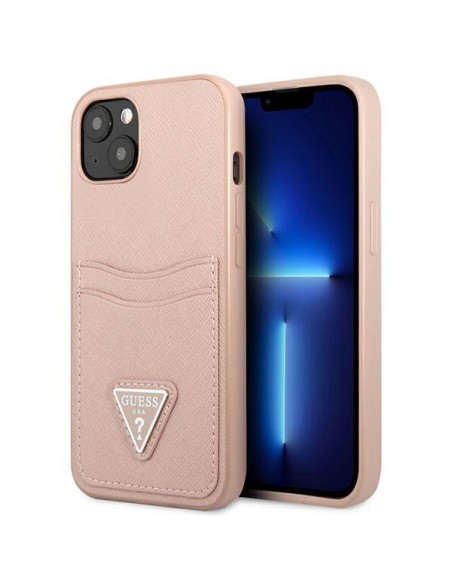 Guess Saffiano Triangle Logo Cardslot dėklas iPhone 13 mini - rožinis Guess Saffiano Triangle Logo Cardslot dėklas iPhone 13 mini - rožinis