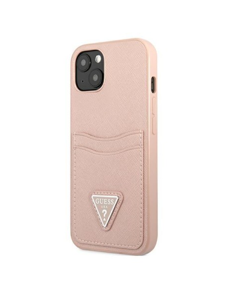 Guess Saffiano Triangle Logo Cardslot dėklas iPhone 13 mini - rožinis Guess Saffiano Triangle Logo Cardslot dėklas iPhone 13 mini - rožinis