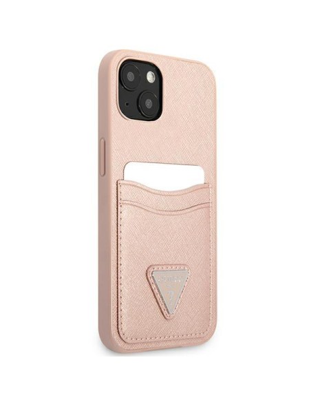 Guess Saffiano Triangle Logo Cardslot dėklas iPhone 13 mini - rožinis Guess Saffiano Triangle Logo Cardslot dėklas iPhone 13 mini - rožinis
