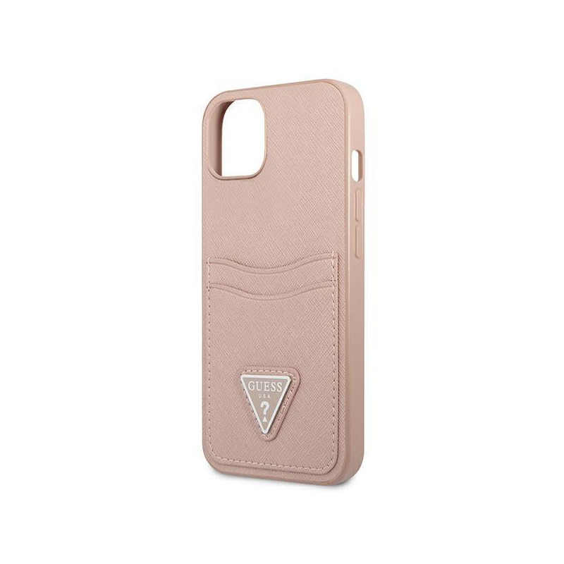 Guess Saffiano Triangle Logo Cardslot dėklas iPhone 13 mini - rožinis