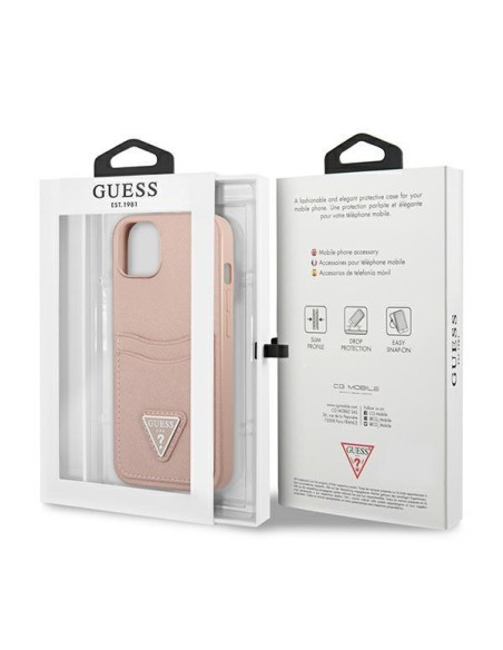 Guess Saffiano Triangle Logo Cardslot dėklas iPhone 13 mini - rožinis Guess Saffiano Triangle Logo Cardslot dėklas iPhone 13 mini - rožinis