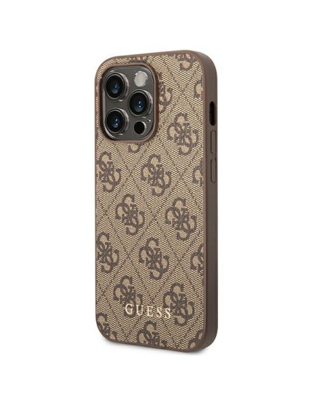 Guess GUHCP14LG4GFBR iPhone 14 Pro 6,1 colio rudas/ rudas kietas dėklas, 4G metalinis auksinis logotipas Guess GUHCP14LG4GFBR iPhone 14 Pro 6,1 colio rudas/ rudas kietas dėklas, 4G metalinis auksinis logotipas