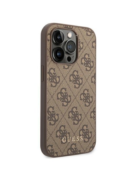 Guess GUHCP14LG4GFBR iPhone 14 Pro 6,1 colio rudas/ rudas kietas dėklas, 4G metalinis auksinis logotipas Guess GUHCP14LG4GFBR iPhone 14 Pro 6,1 colio rudas/ rudas kietas dėklas, 4G metalinis auksinis logotipas