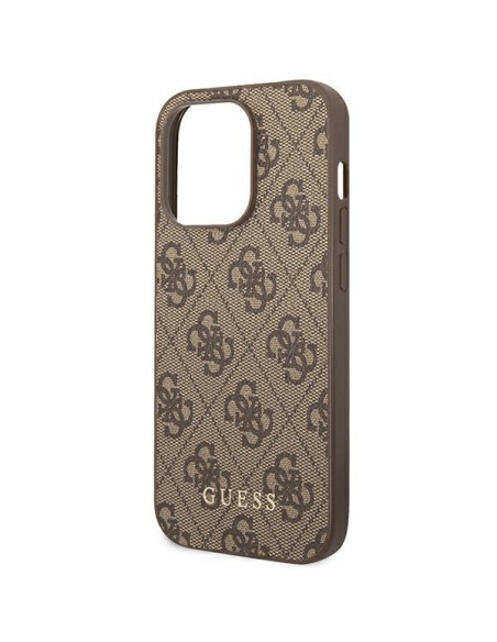 Guess GUHCP14LG4GFBR iPhone 14 Pro 6,1 colio rudas/ rudas kietas dėklas, 4G metalinis auksinis logotipas Guess GUHCP14LG4GFBR iPhone 14 Pro 6,1 colio rudas/ rudas kietas dėklas, 4G metalinis auksinis logotipas