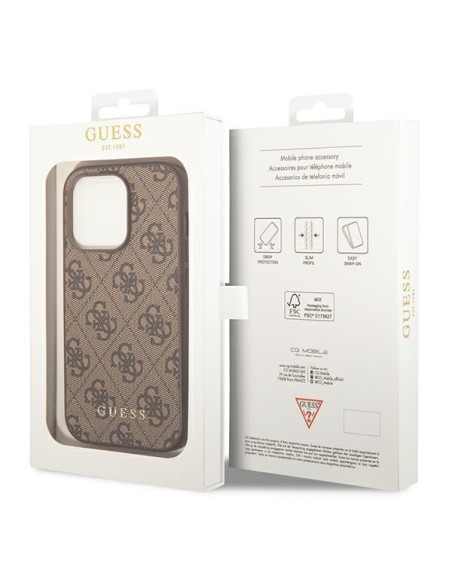 Guess GUHCP14LG4GFBR iPhone 14 Pro 6,1 colio rudas/ rudas kietas dėklas, 4G metalinis auksinis logotipas Guess GUHCP14LG4GFBR iPhone 14 Pro 6,1 colio rudas/ rudas kietas dėklas, 4G metalinis auksinis logotipas