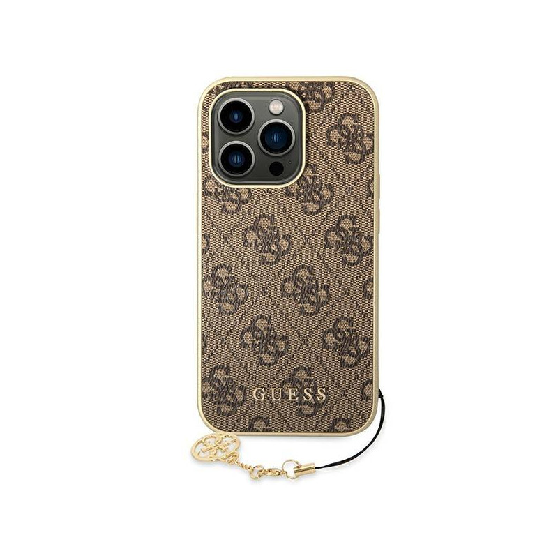 Guess 4G Charms Collection dėklas, skirtas iPhone 14 Pro - rudas