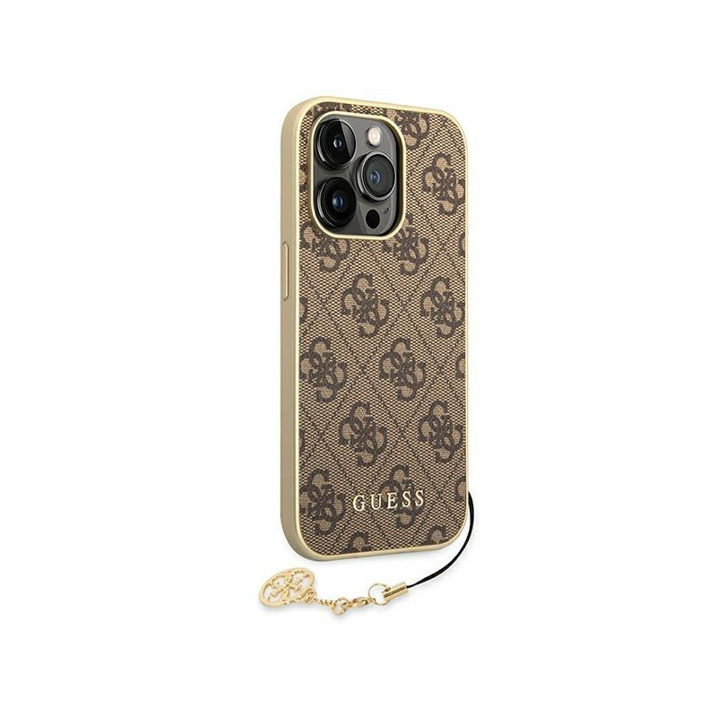 Guess 4G Charms Collection dėklas, skirtas iPhone 14 Pro - rudas