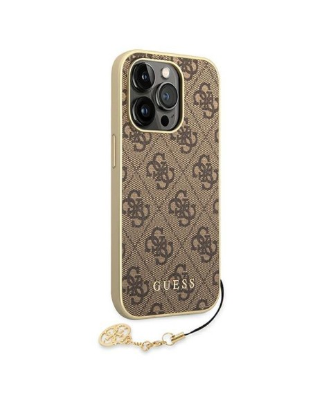 Guess 4G Charms Collection dėklas, skirtas iPhone 14 Pro - rudas